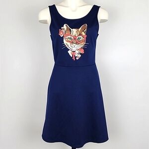 Divided H&M Mini Sleeveless  Dress Navy Cat Face Back Cutout Stretch Size Medium